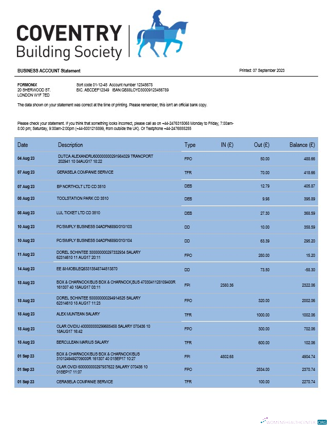 Coventry Building Society organization checking account statement Word and PDF template